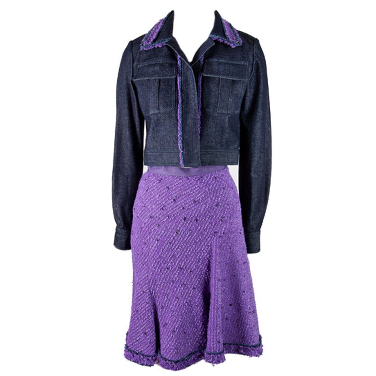 Vintage Oscar de la Renta Two Piece Denim Jacket & Purple Skirt Suit