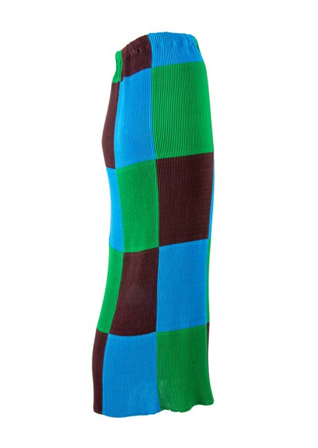 Issey Miyake Blue Green Brown Color Block Maxi Skirt Medium In Excellent Condition For Sale In Boca Raton, FL