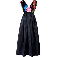 Vintage Leonard Black Taffeta with Floral Top Gown