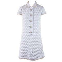 1960's Vintage Quilted Silver Dress with Rhinestone Trim