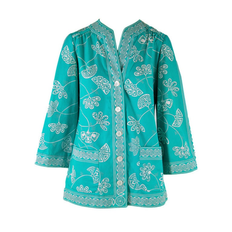 Vintage Emilio Pucci Turquoise & White Print  Cotton Jacket For Sale