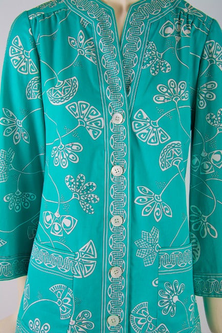 Vintage Emilio Pucci Turquoise & White Print  Cotton Jacket In Excellent Condition For Sale In Boca Raton, FL
