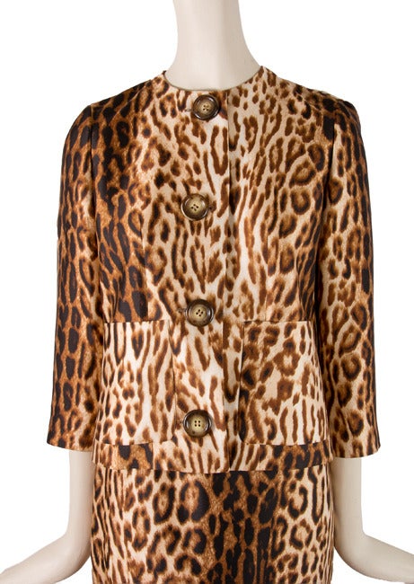 Celine Skirt Suit
Leopard Print 
Size 38
Lined
Jacket has front button closure & two front pockets
Skirt has hidden zip and button closure
Skirt has slit in the back
Both pieces are lined
Jacket Measurements:
Bust 34