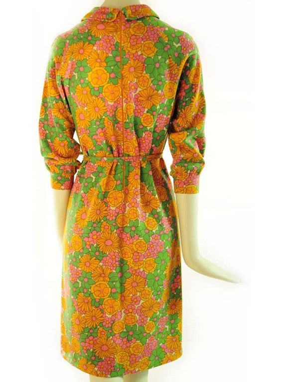 Orange 1970's Goldworm Lightweight Virgin Wool Flower Power Dress For Sale