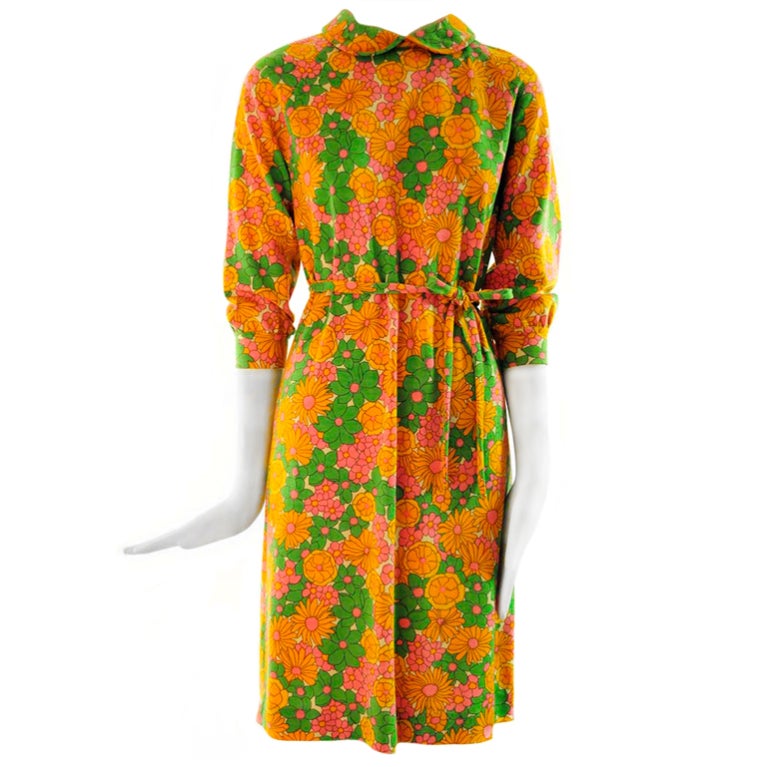 1970's Goldworm Lightweight Virgin Wool Flower Power Dress For Sale