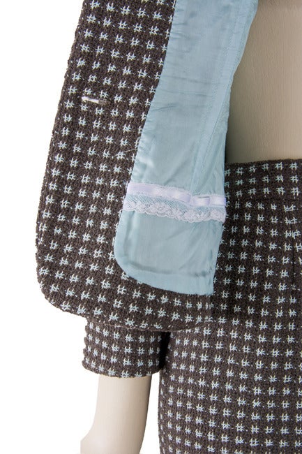 Rena Lange Two Piece Brown & Light Blue Check Skirt Suit In Excellent Condition For Sale In Boca Raton, FL