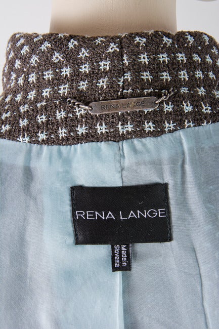 Gray Rena Lange Two Piece Brown & Light Blue Check Skirt Suit For Sale