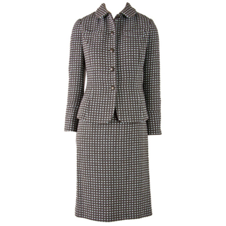 Rena Lange Two Piece Brown & Light Blue Check Skirt Suit For Sale