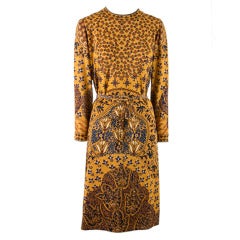 Vintage 1960's Goldworm Brown & Gold Print Long sleeve Dress Size 16