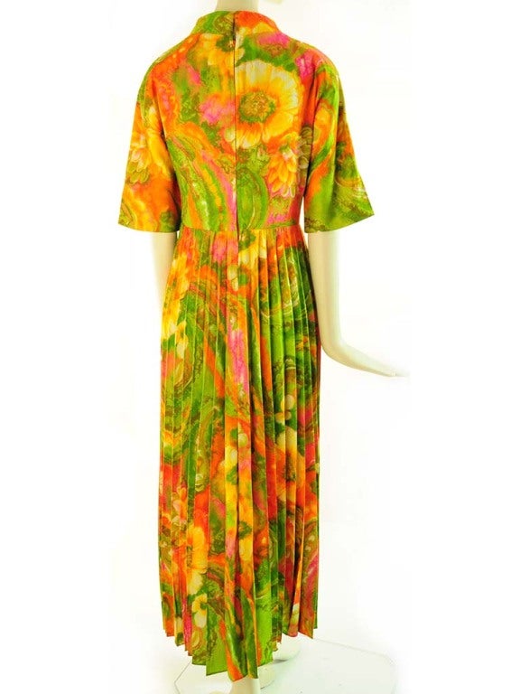Orange 1960's Krist Abstract Floral Maxi Dress For Sale