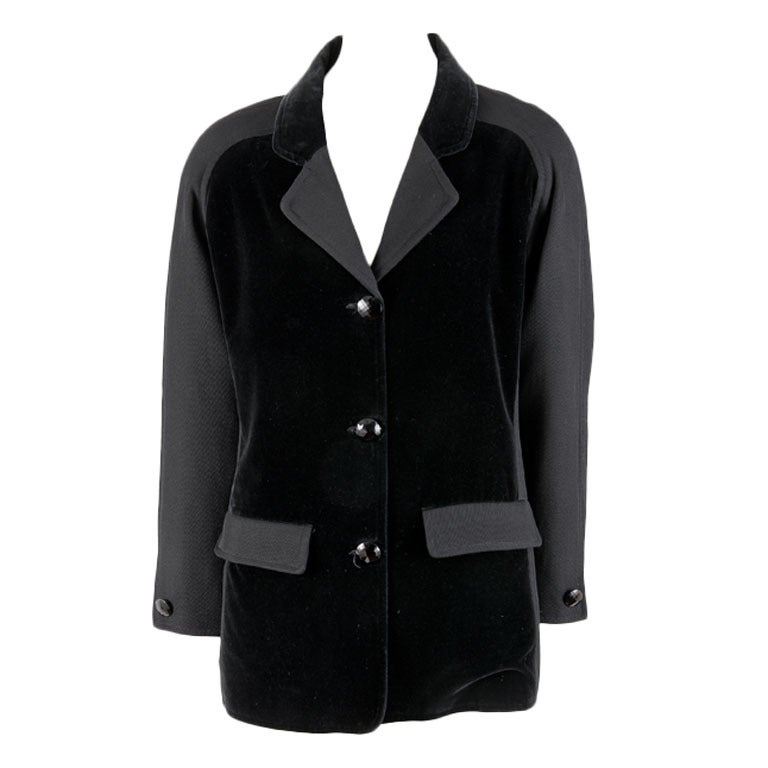 Vintage Courreges Black Velvet & Wool Blazer Coat Jacket Size 40 For Sale