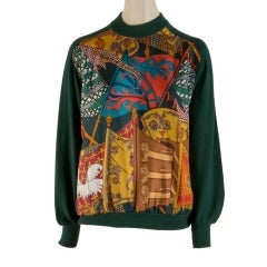 Hermes Hunter Green with Etendards Et Bannieres Print Silk Sweater Size 36 10