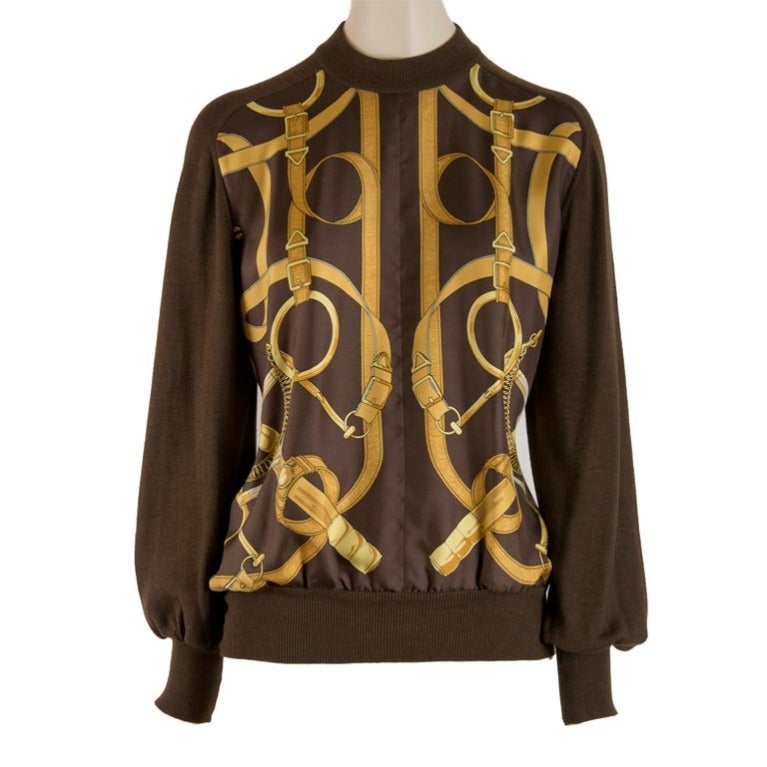 Hermes Brown Silk Sweater with Gold Tack Design Print Size 38