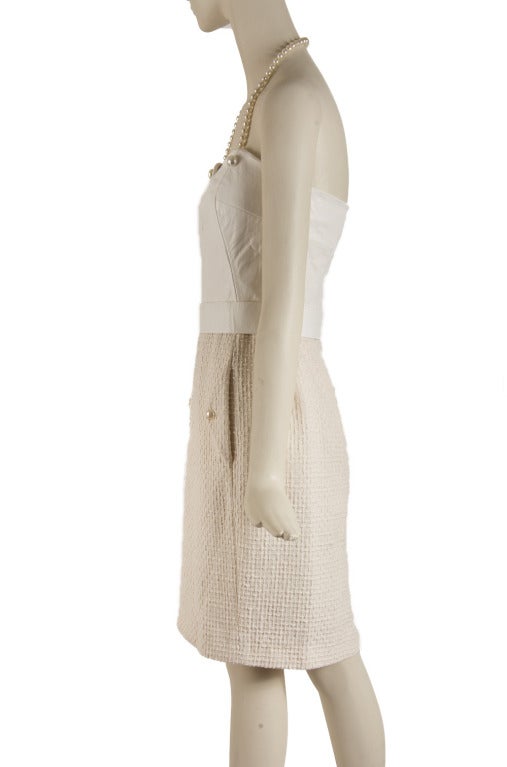 Chanel Creme Leather and Cotton Halter Dress Size 38 In Excellent Condition In Boca Raton, FL