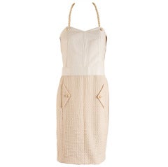 Chanel Creme Leather and Cotton Halter Dress Size 38