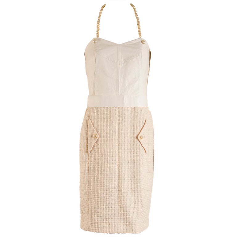 Chanel Creme Leather and Cotton Halter Dress Size 38 at 1stdibs