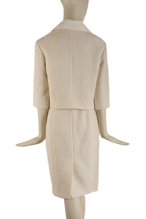 Chanel Creme Colored Cotton with Leather Trim 2 PC Skirt Suit at 1stdibs