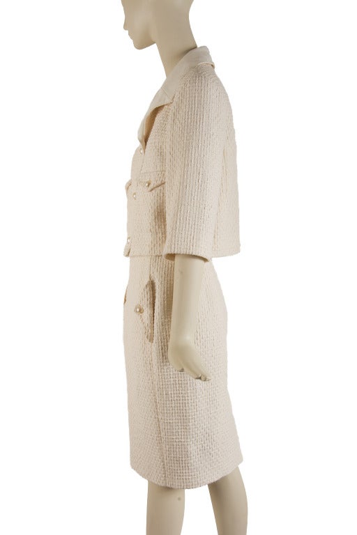 Chanel Creme Colored Cotton with Leather Trim 2 PC Skirt Suit In Excellent Condition In Boca Raton, FL