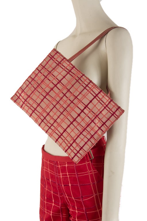 Bottega Veneta Red & Red Plaid Embroidered Pants Matching Purse Size 4 Runway In Excellent Condition For Sale In Boca Raton, FL