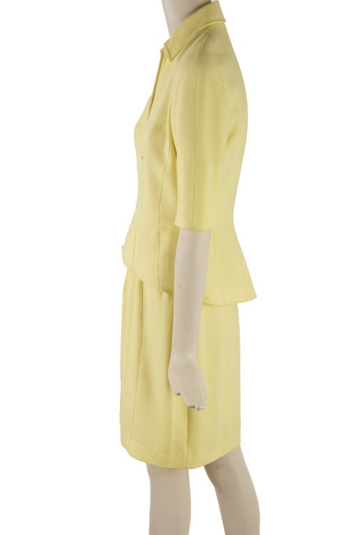 Thierry Mugler, Lemon Yellow two piece skirt suit.  Jacket has zipper front with a silver tone 