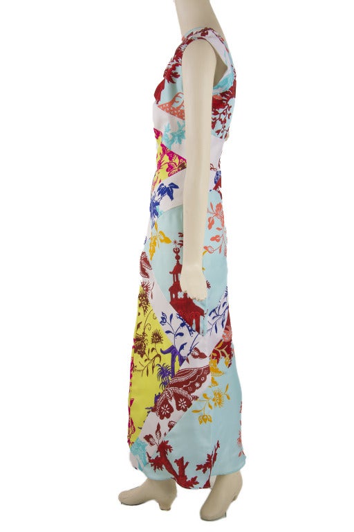 Beige Christian LaCroix Sleeveless Peacock Floral & Butterfly Print Silk Maxi Dress