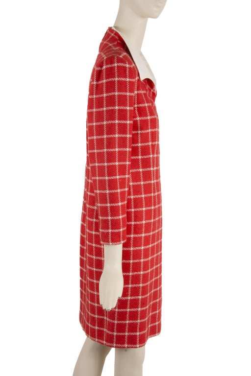 1960's Valentino Red Wool Dress with White Plaid Print & Collar In Excellent Condition In Boca Raton, FL