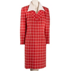 1960's Valentino Red Wool Dress with White Plaid Print & Collar