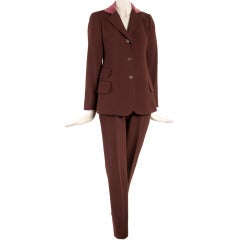 Hermes Vintage Brown with Cranberry Collar Wool 2 Piece Pants Suit