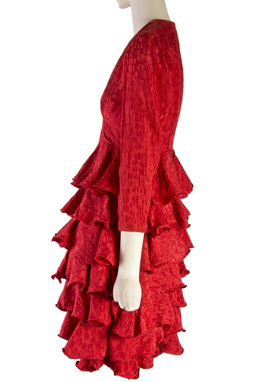 1950's Vintage Hattie Red Tiered Ruffle Dress In Good Condition For Sale In Boca Raton, FL