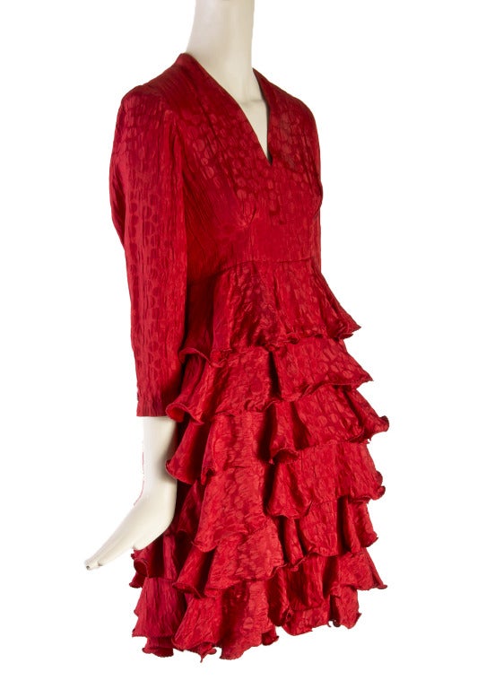 1950's Vintage Hattie Red Tiered Ruffle Dress For Sale at 1stDibs