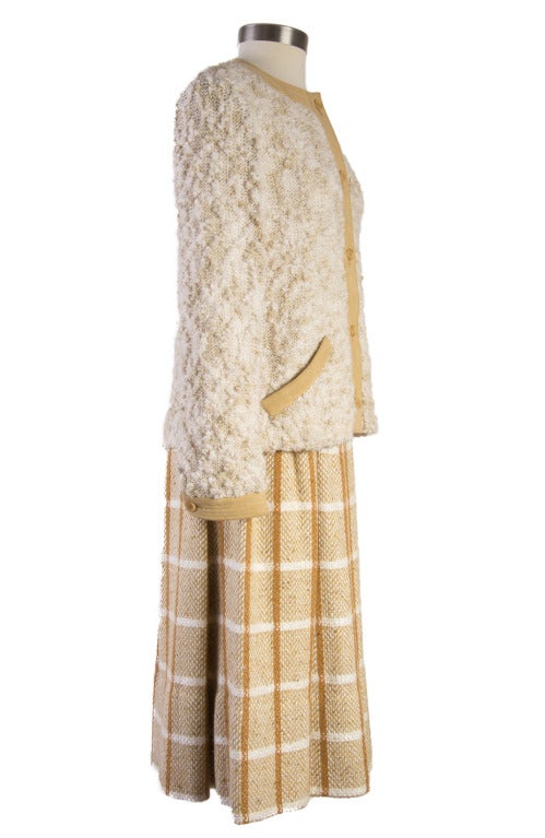 Women's Rare Courreges Skirt Suit - 1960's - Creme & Tan Boucle - Wool For Sale