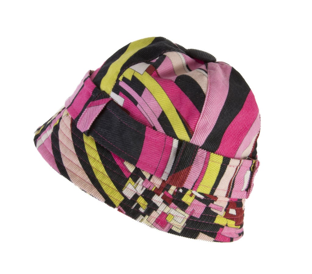1960's Emilio Pucci Corduroy Pink, Chartreuse, and Black Bucket Hat In Excellent Condition In Boca Raton, FL