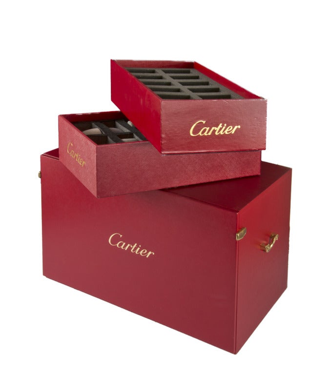 Cartier Red Wooden Jewelry Watch Display Case, Two Extra Boxes + Book In Excellent Condition For Sale In Boca Raton, FL