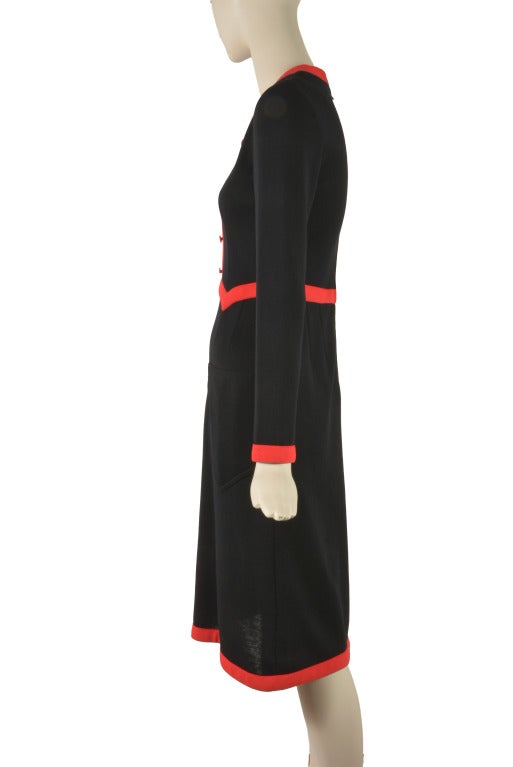 1970's Vintage Oscar de la Renta Black with Red Trim Dress-Rare! In Excellent Condition In Boca Raton, FL