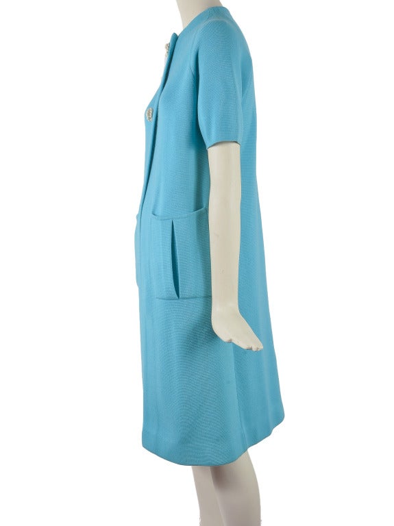 Women's Vintage 1960's Cezar Aqua Blue Knit Short Sleeve Overcoat For Sale