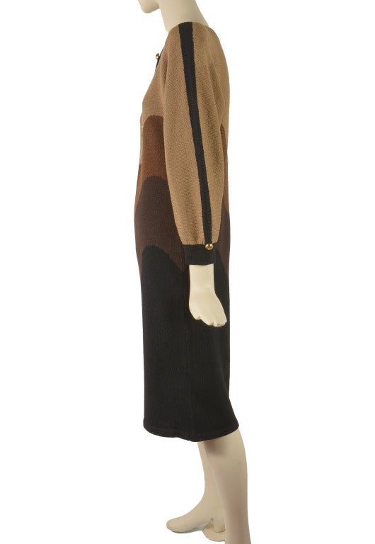 Gorgeous vintage 80's dress by Adolfo International, sweaterknit material with waves of brown detail and gold ball top buttons for decor, gathered sleeve cuffs, boatneck collarline, BEAUTIFUL, made for Saks Fifth Avenue.