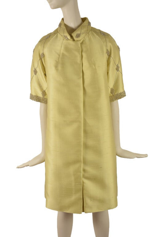 Beige 1960's Vintage Gino Charles Chartreuse Two Piece Dress & Matching Jacket Size 10 For Sale