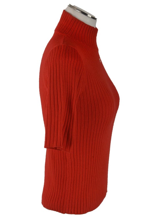 1970's Courreges Red Mock Turtleneck Short Sleeve Sweater Size 38 In Good Condition In Boca Raton, FL