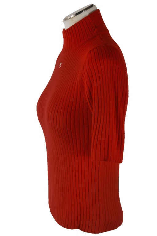 Women's 1970's Courreges Red Mock Turtleneck Short Sleeve Sweater Size 38