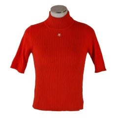 Vintage 1970's Courreges Red Mock Turtleneck Short Sleeve Sweater Size 38