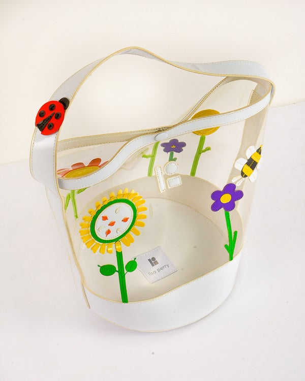 Lisa Perry Clear with Garden Motif and White Patent Leather Bucket Style Handbag In Excellent Condition In Boca Raton, FL