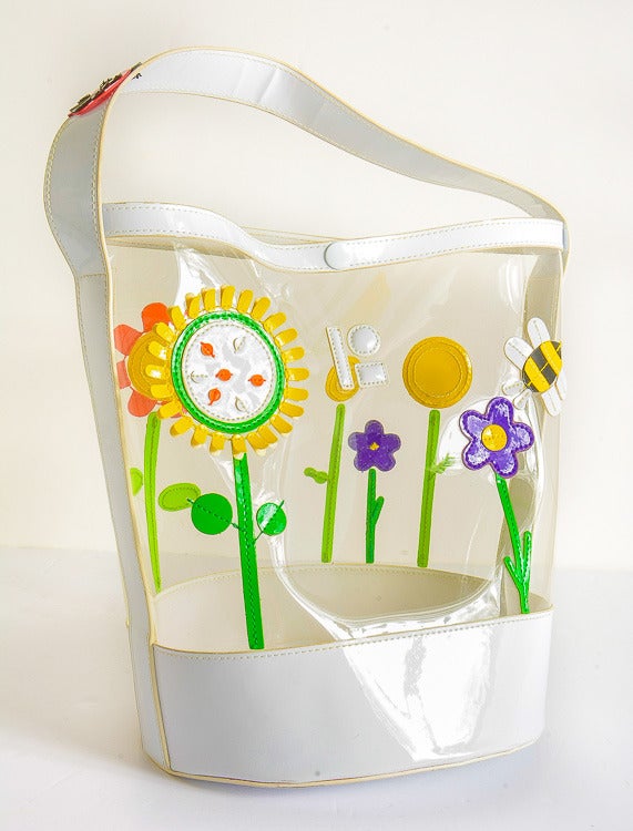 Women's Lisa Perry Clear with Garden Motif and White Patent Leather Bucket Style Handbag
