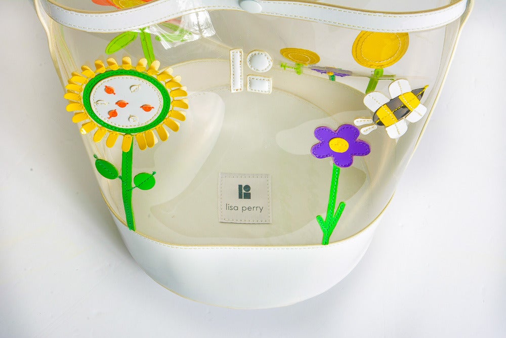 Lisa Perry Clear with Garden Motif and White Patent Leather Bucket Style Handbag 1