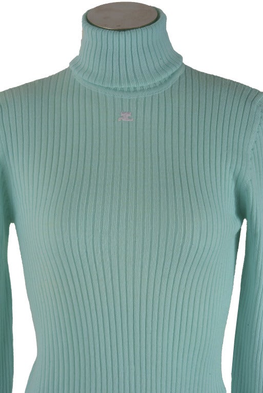 Courreges Aqua Knit Turtleneck Long Sleeve Sweater Size Large Mint