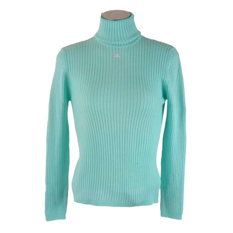 Courreges Aqua Knit Turtleneck Long Sleeve Sweater Size Large Mint Condition