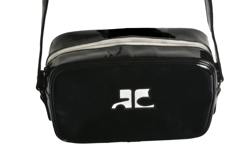 Women's Courreges Black Patent Leather with White Leather Logo cut out Handbag
