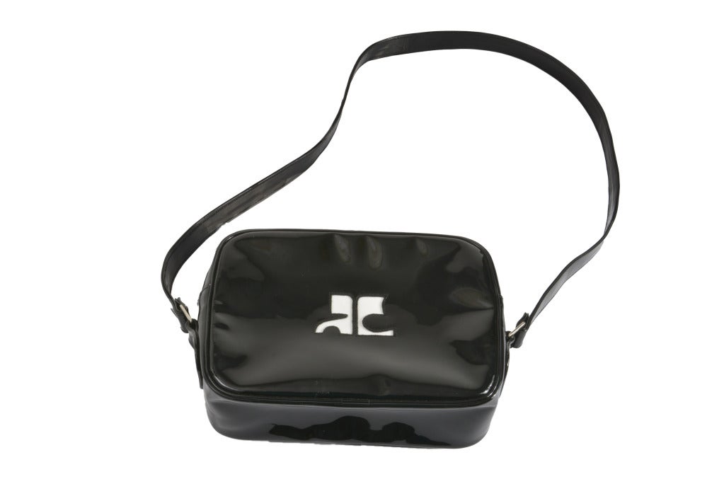 Courreges Black Patent Leather with White Leather Logo cut out Handbag 3