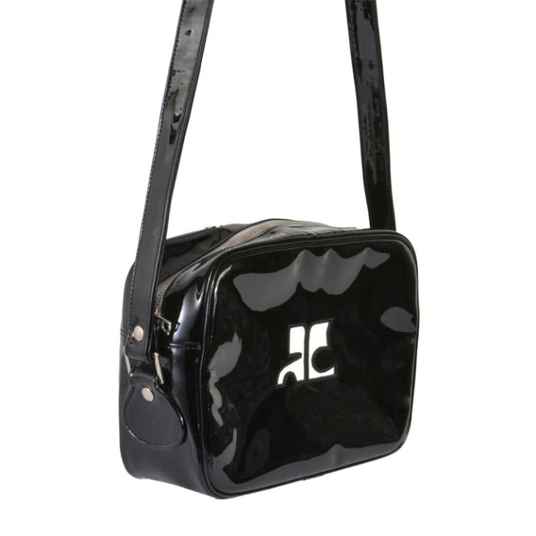 Courreges Black Patent Leather with White Leather Logo cut out Handbag