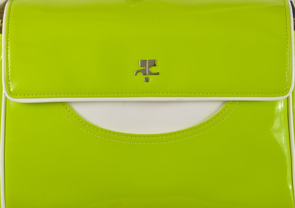 Courreges Bright Lime Green and White Patent Leather Handbag In Excellent Condition In Boca Raton, FL