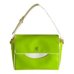 Retro Courreges Bright Lime Green and White Patent Leather Handbag